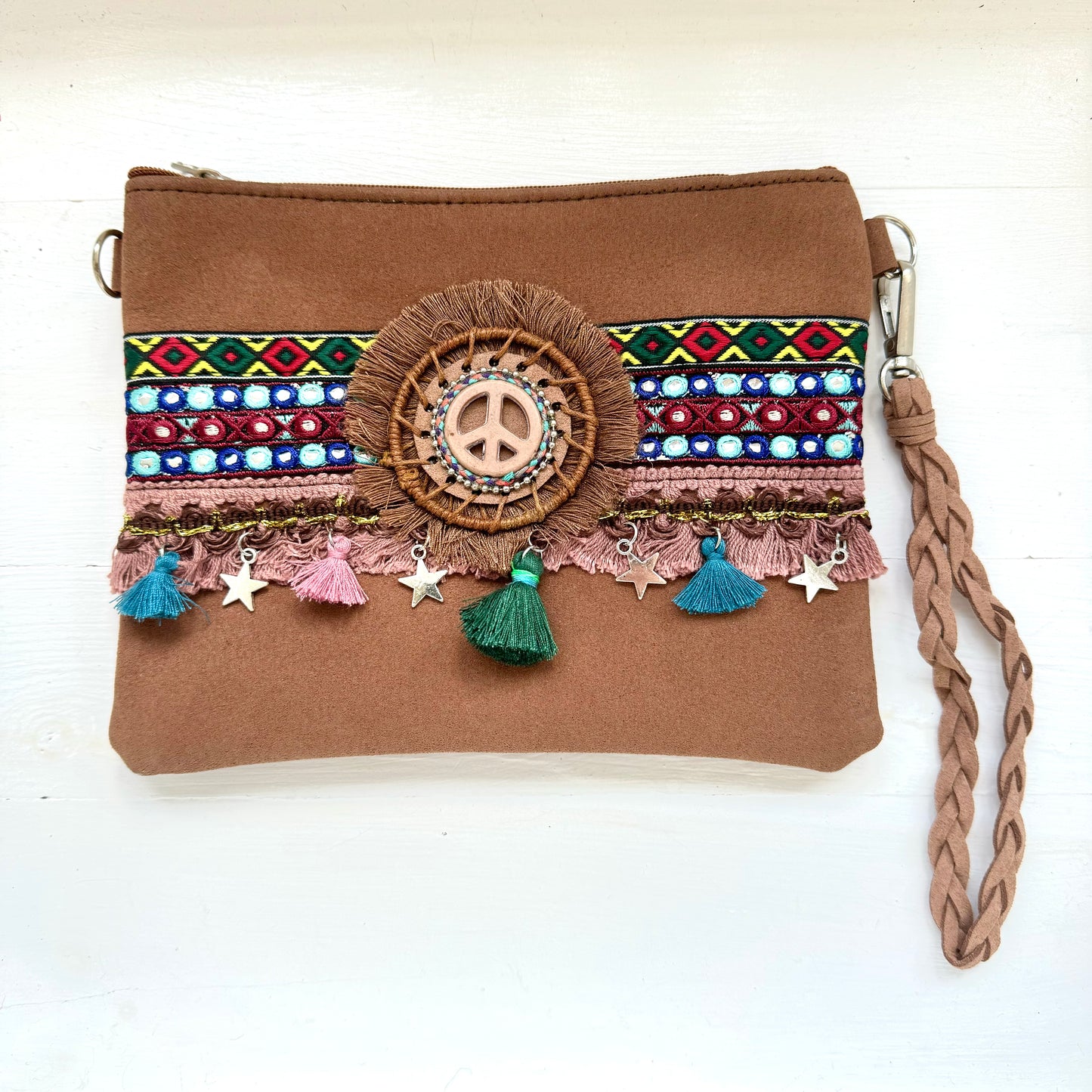 Tan Peace Mini Cross Body Bag