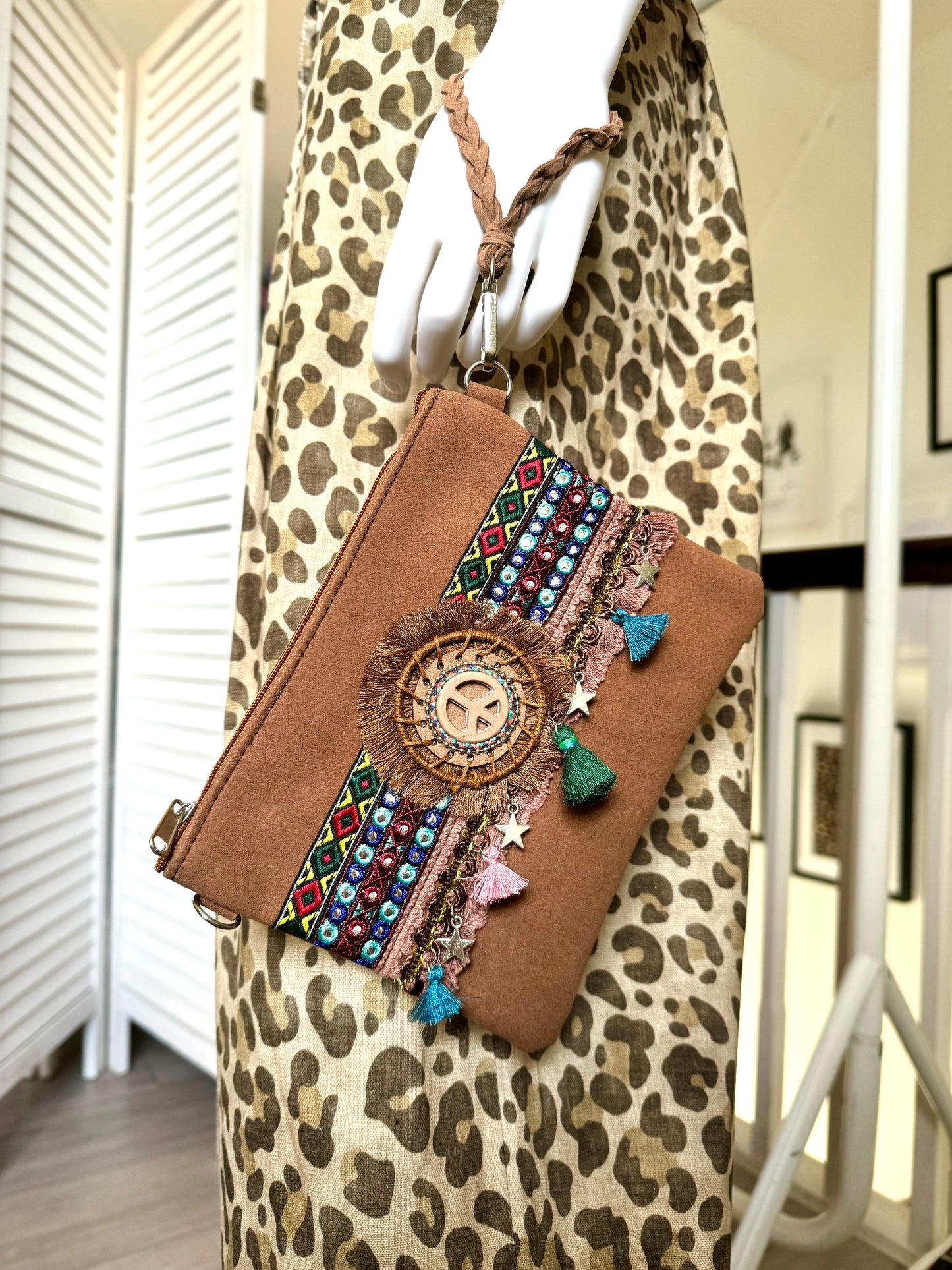 Tan Peace Mini Cross Body Bag