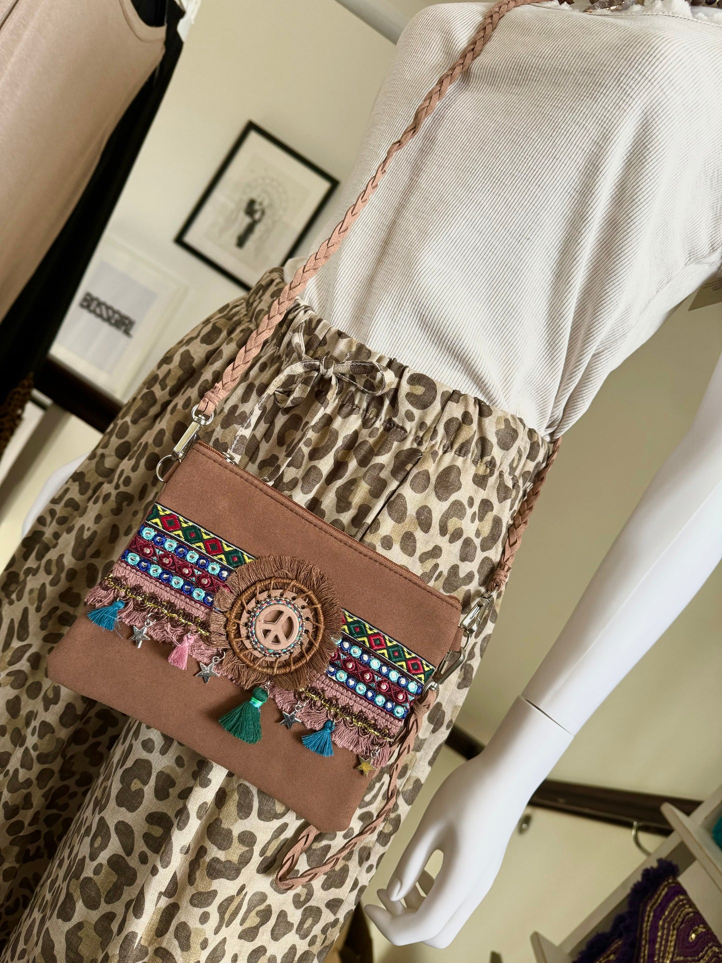 Tan Peace Mini Cross Body Bag