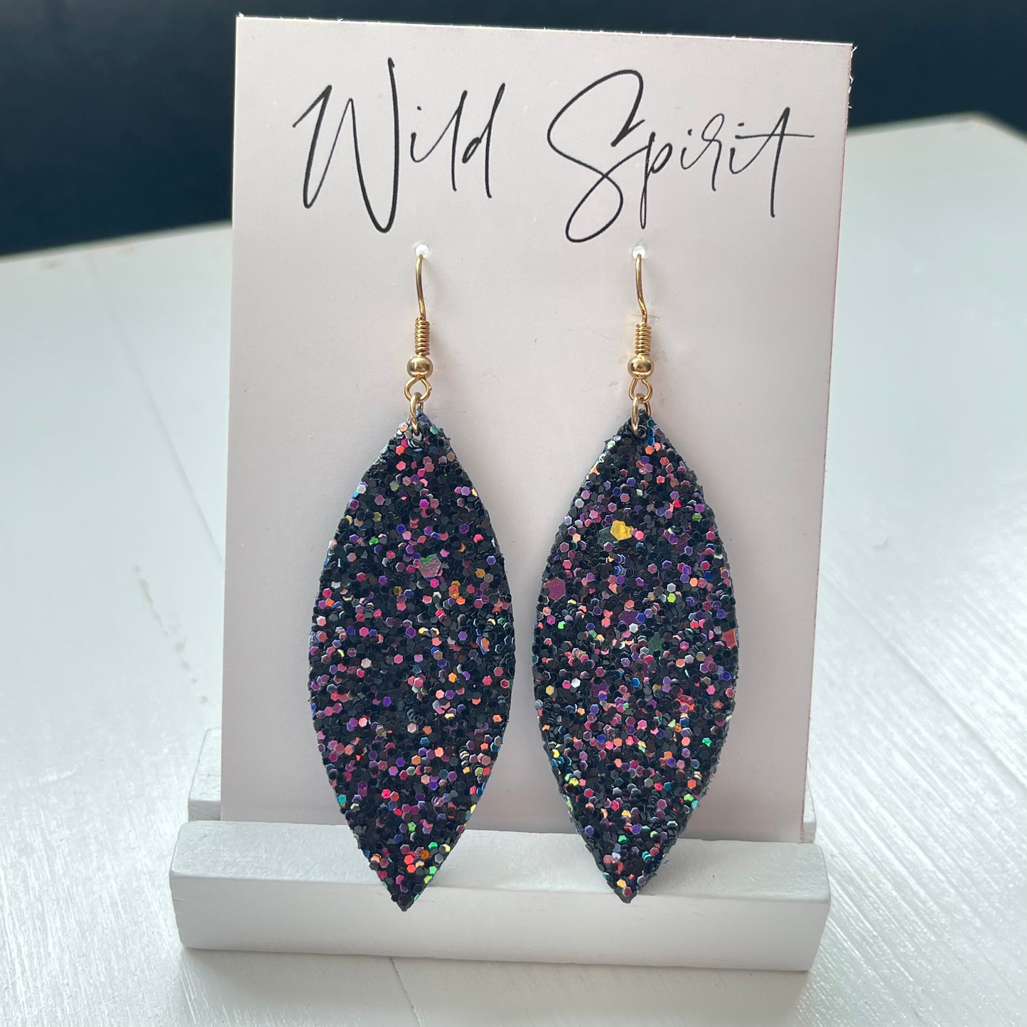 Black Sparkle Leaf Drop Earrings